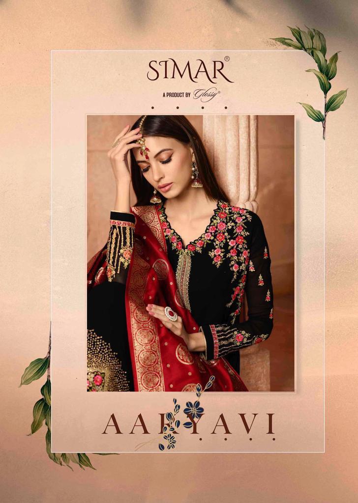 Glossy Simar Aaryavi Heavy Embroidered Georgette Straight Dr...