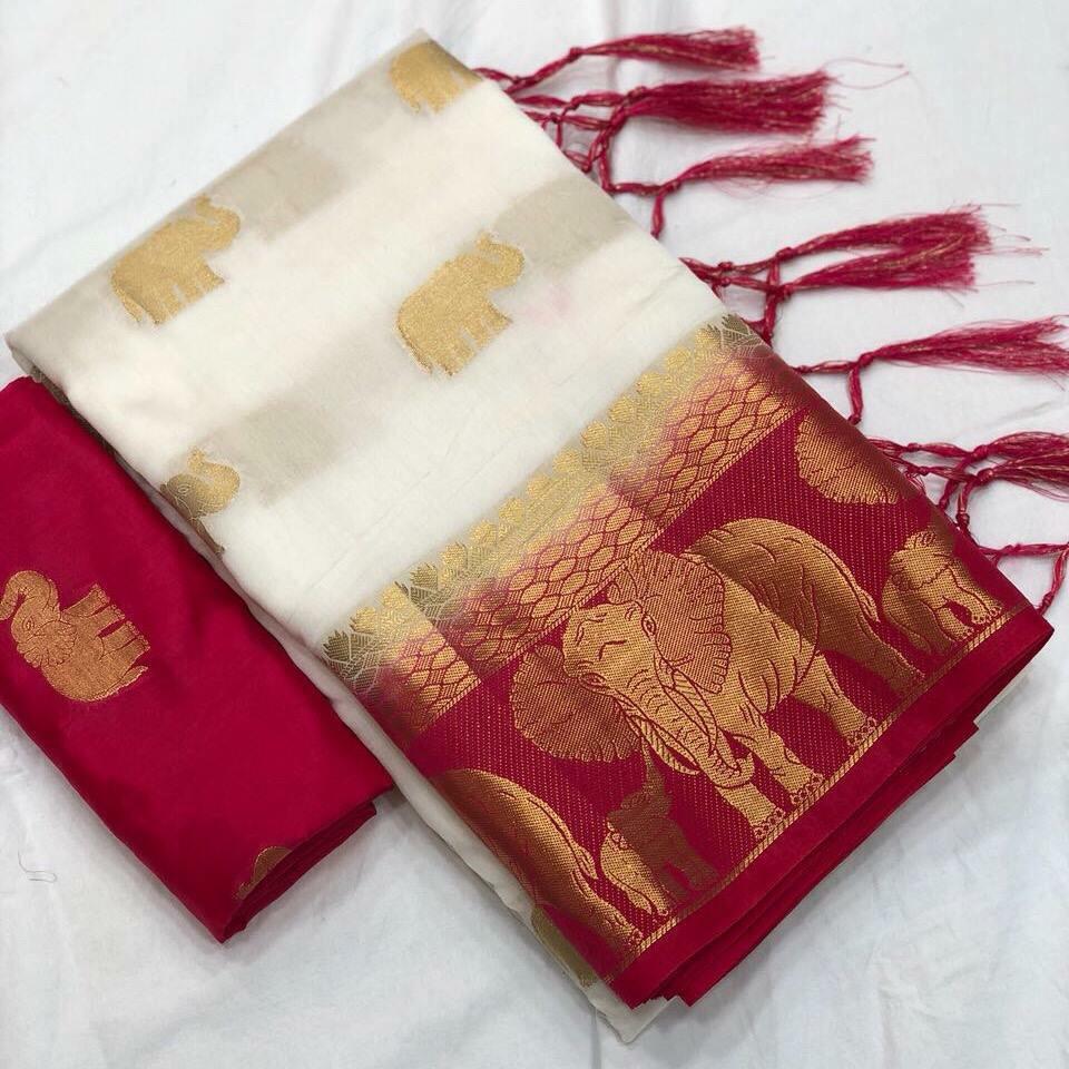 The New Elephant Print Saree With All Over Butti And Chit Pa...