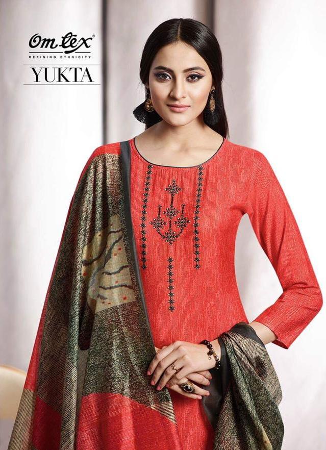Omtex Yukta Printed Cotton Satin With Embroidery Work Dress ...