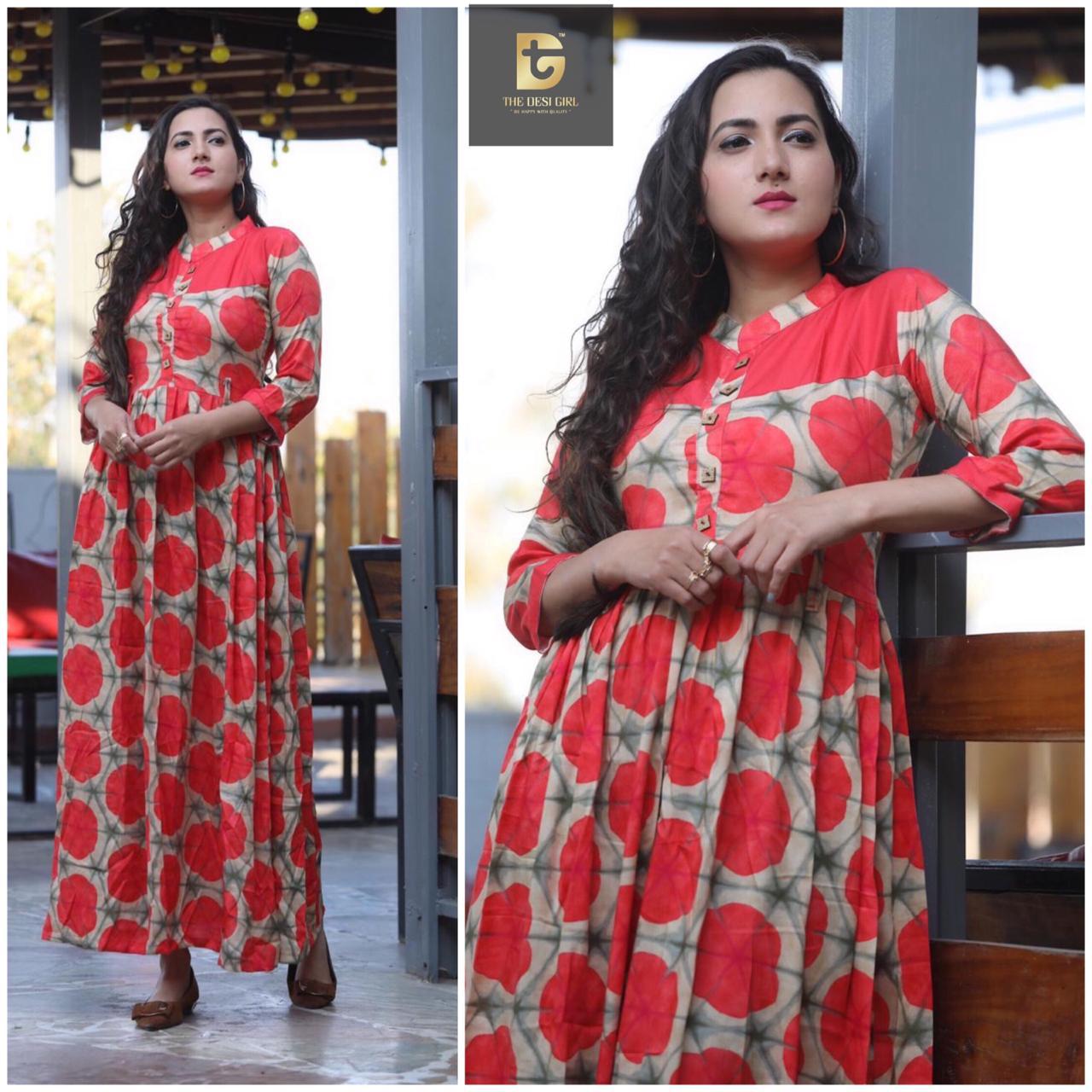 Exclusive & Attractive Printed Rayon Gown With Stylish Butto...