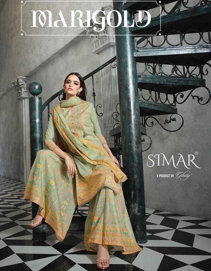 Glossy Simar Marigold Digital Printed Pure Cotton With Handw...