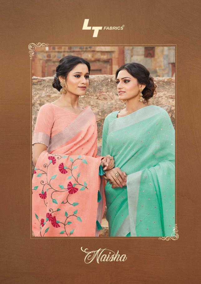 Lt Fabrics Naisha Designer Embroidered Linen Silk Sarees Col...
