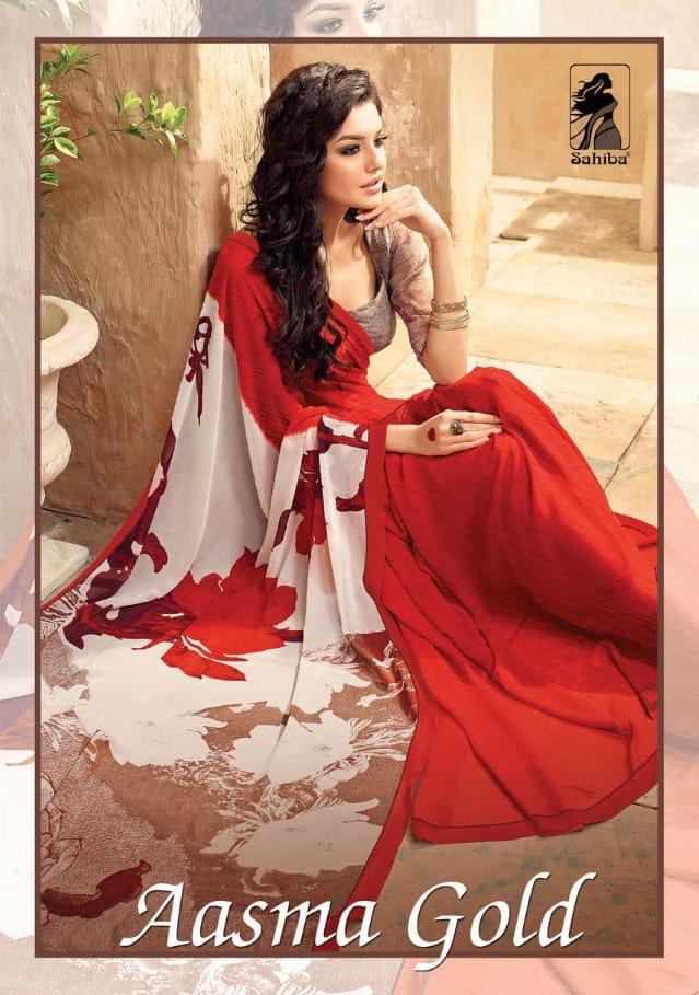 Sahiba Aasma Gold Georgette Printed Casual Fancy Sarees At W...