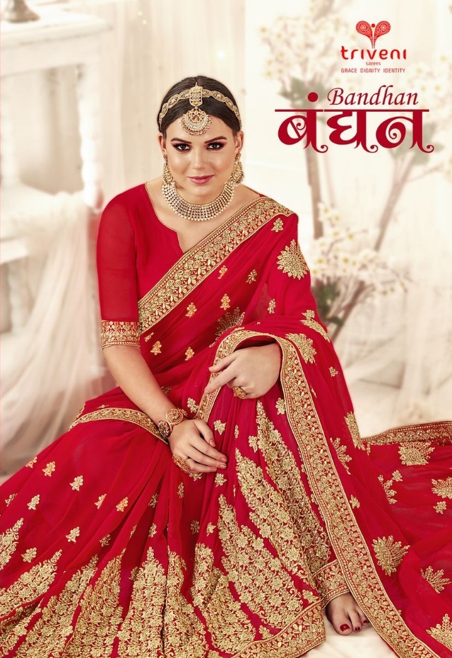 Triveni Bandhan Heavy Embroidered Georgette Red Bridal Saree...