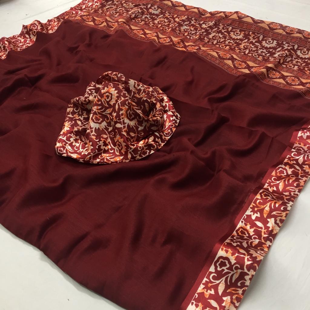 Stavan Silk Designer Printed Linen Silk With Satin Border Sa...