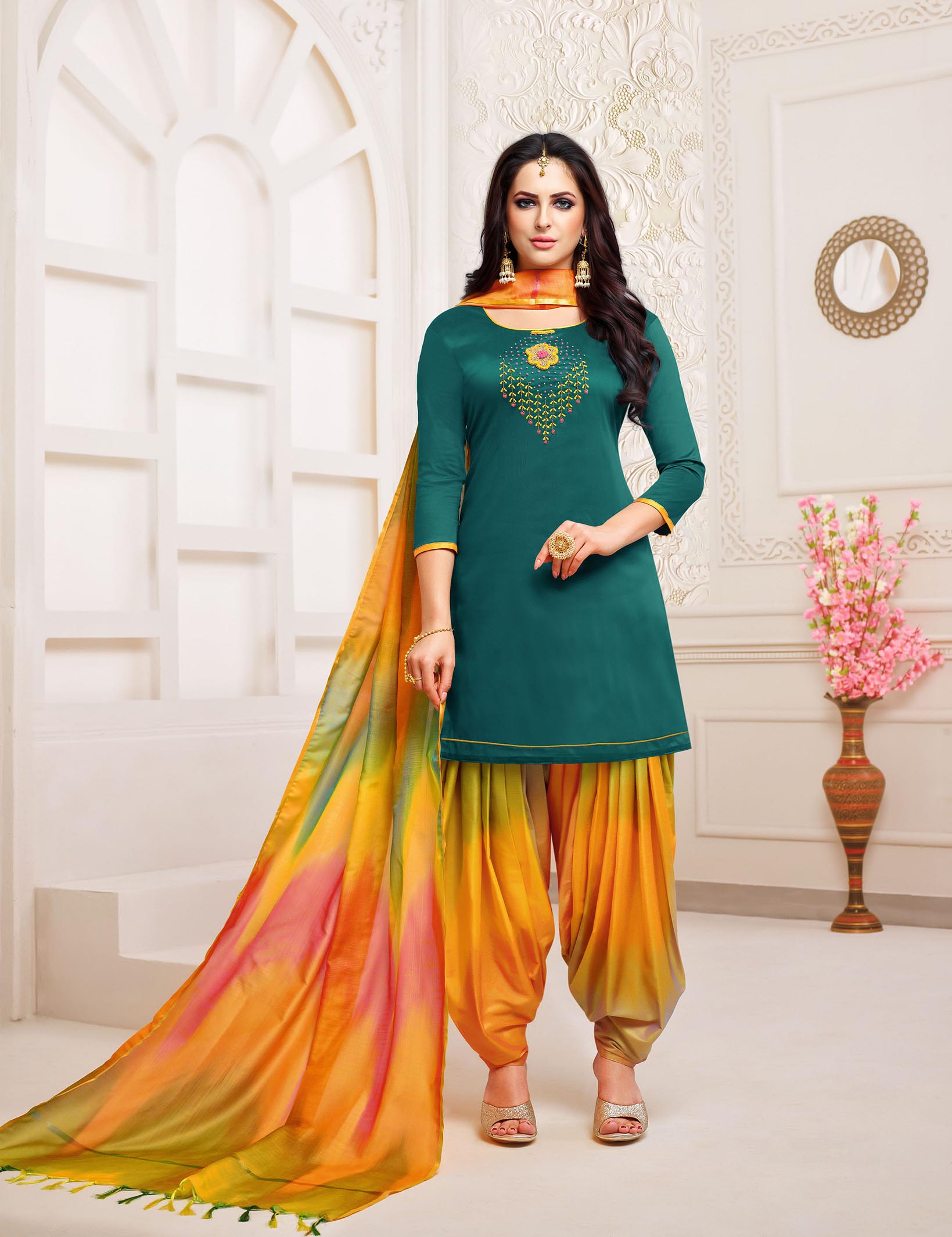 Soft Silk Hand Work Designer Patiyala Dress Material Punjabi...