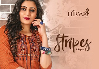 Hirwa Stripes Designer Rayon Embroidered Readymade Kurtis Co...
