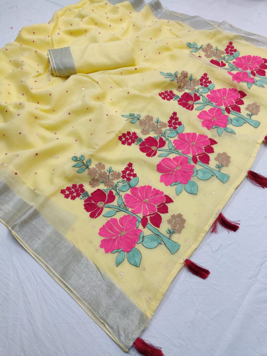 Naisha Silk Designer Party Wear Linen Silk With Beautiful Em...