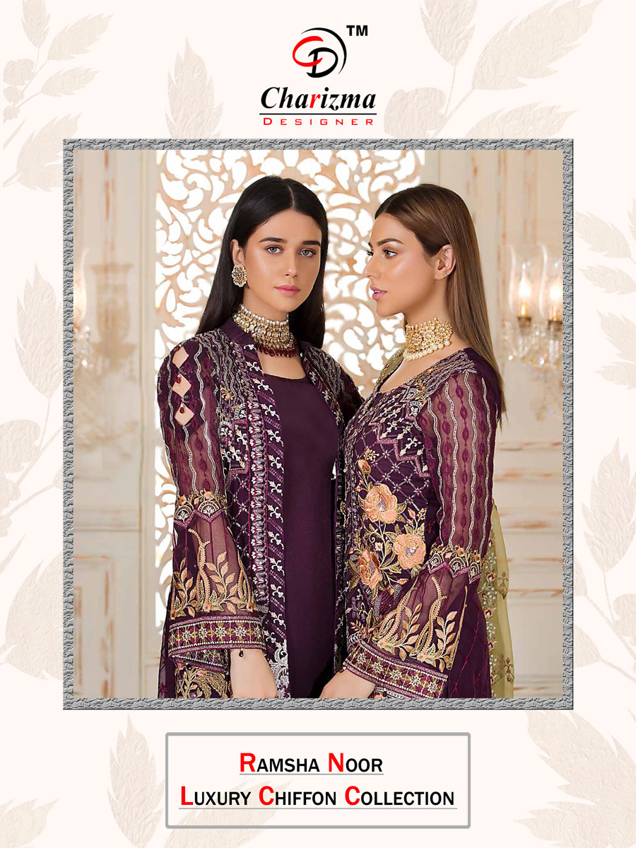 Charizma Designer Ramsha Noor Embroidered Faux Georgette And...