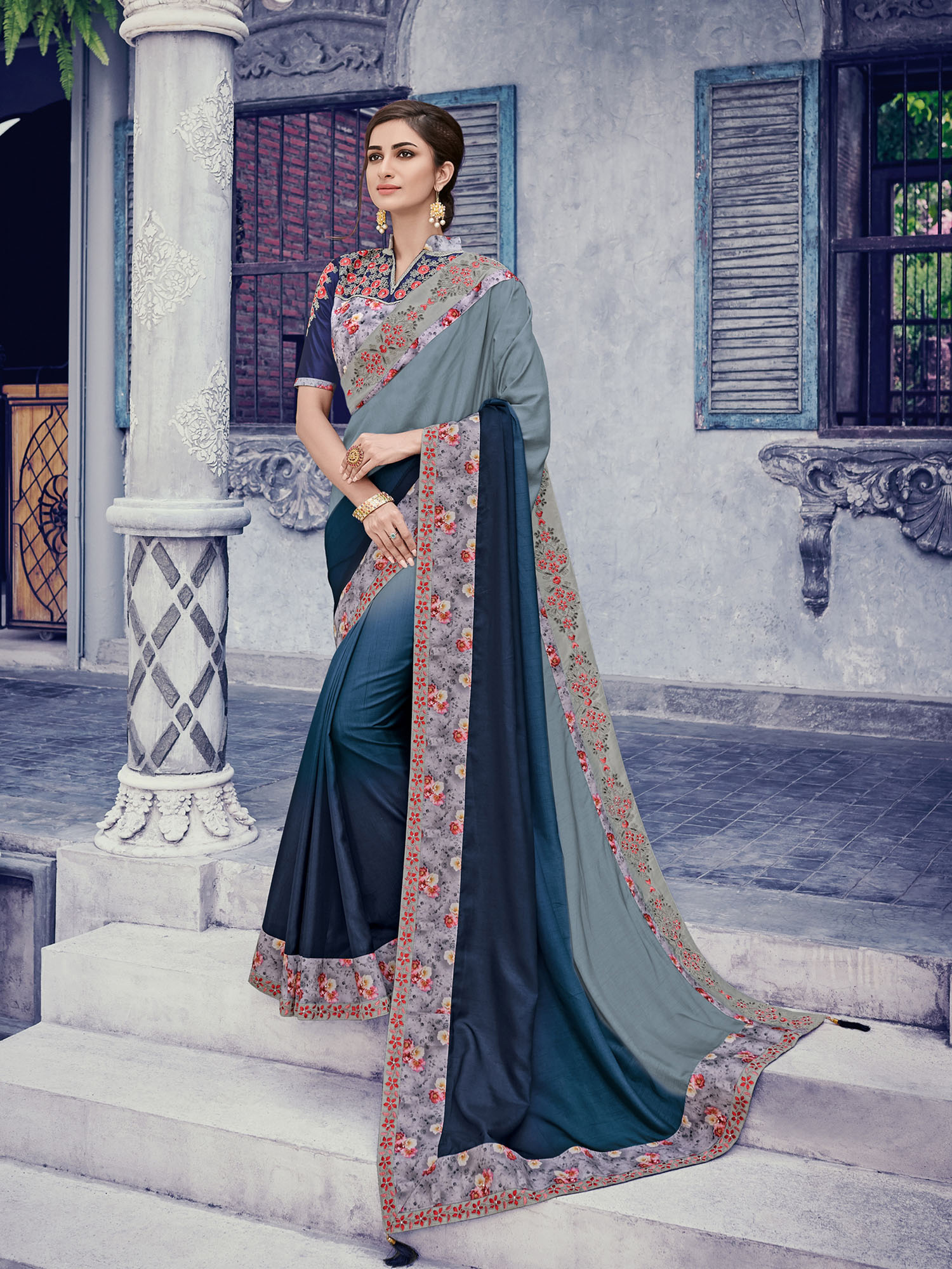 Gulmohar Designer Two Tone Satin Silk With Printed Border Sa...