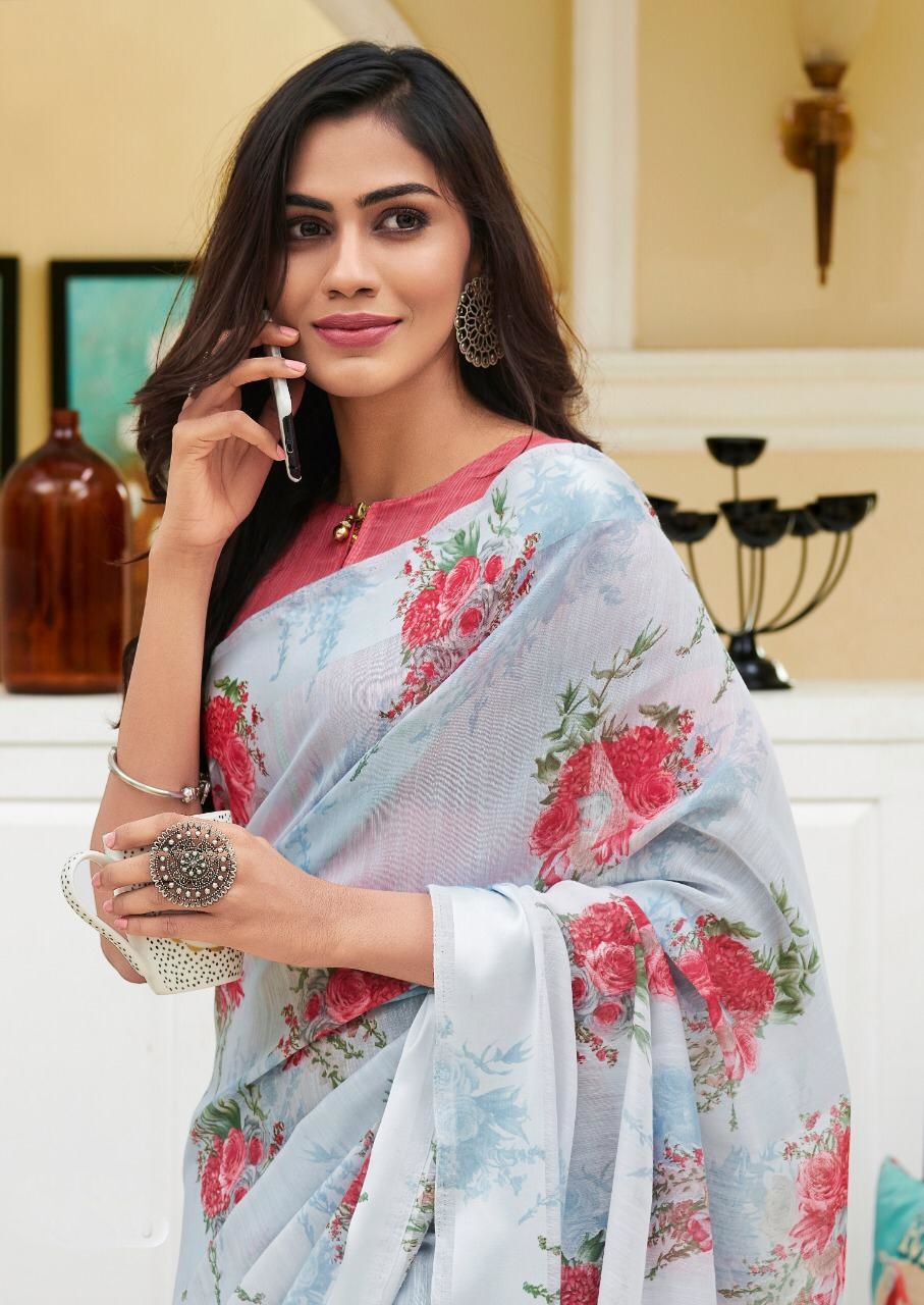 Lt Fabrics Flora Designer Floral Printed Soft Linen Sarees C...