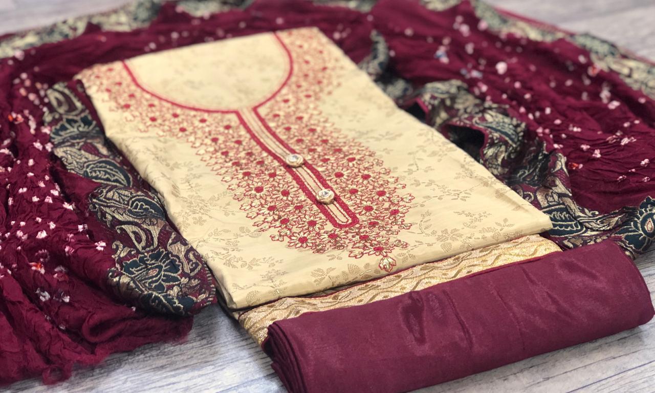 Non Catalog Foil Printed Khadi Silk With Embroidery Work Dre...