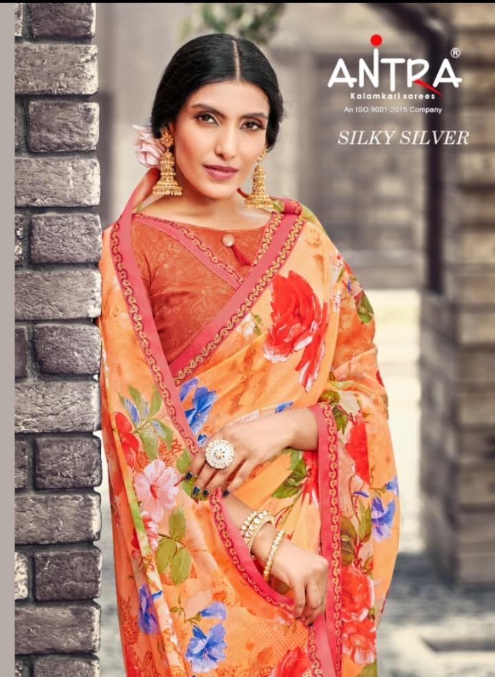 Antra Silky Silver Printed Chiffon Regular Wear Sarees Colle...