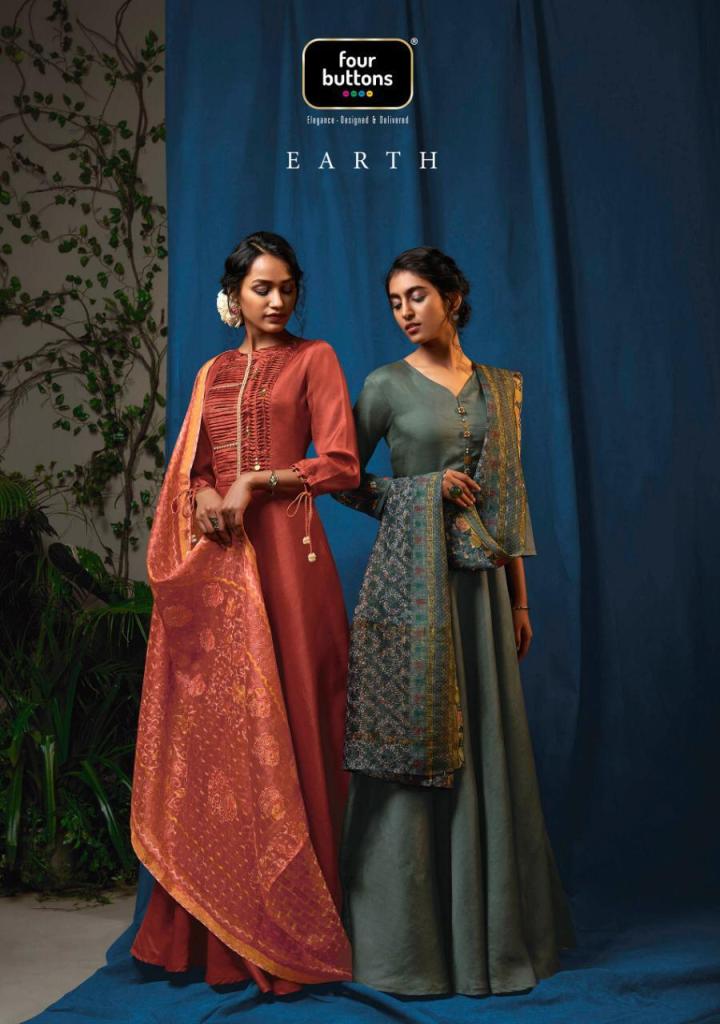 Four Buttons Earth Designer Tussar Silk Readymade Party Wear...
