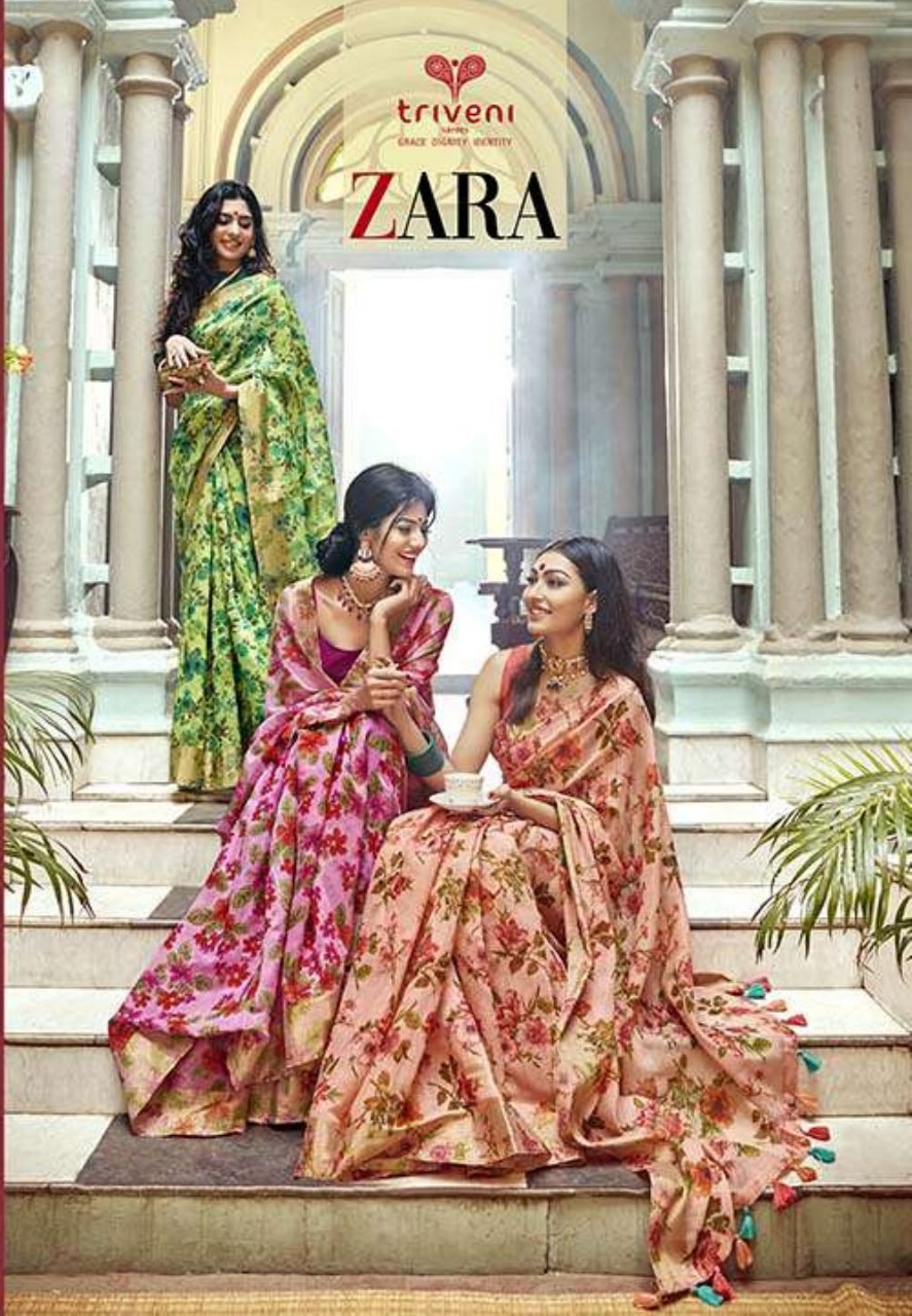 Triveni Zara Floral Printed Linen Regular Wear Sarees Collec...