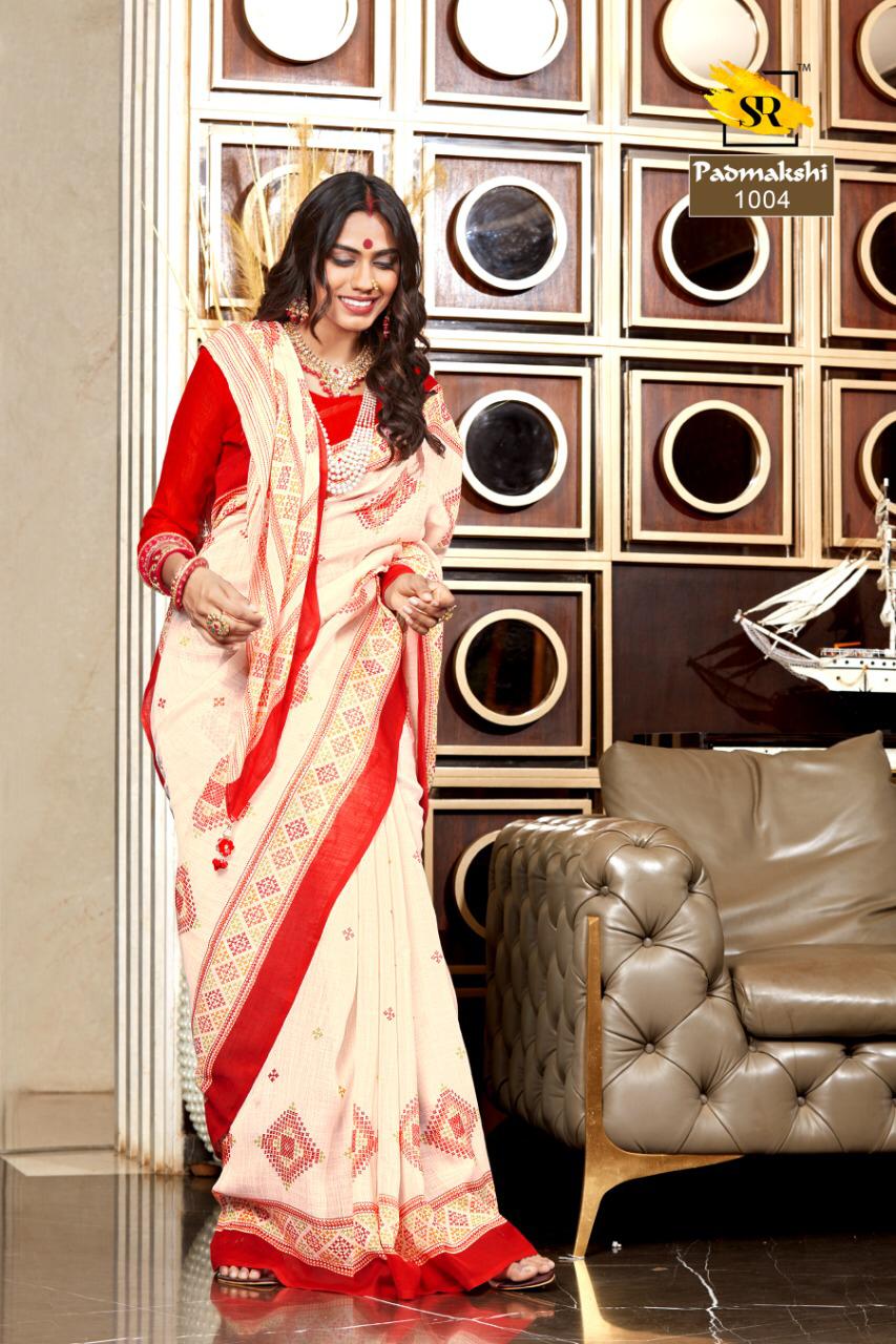 Sr Saree Padmakshi Designer Printed Linen Red And White Durg...