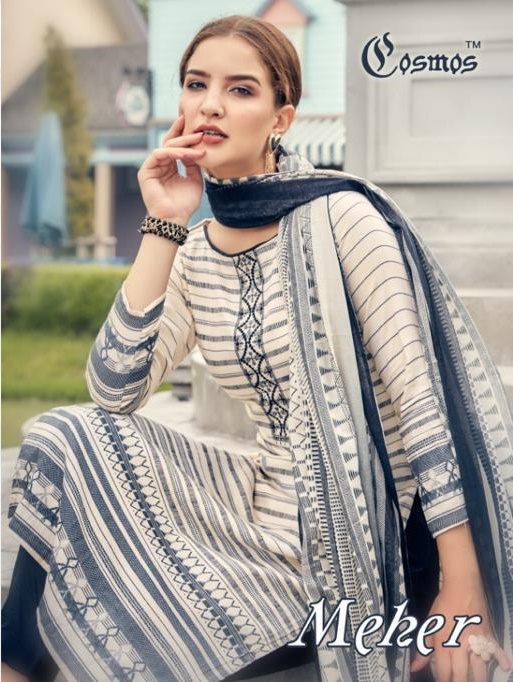 Cosmos Meher Printed Pure Lawn Cotton With Embroidery Work D...