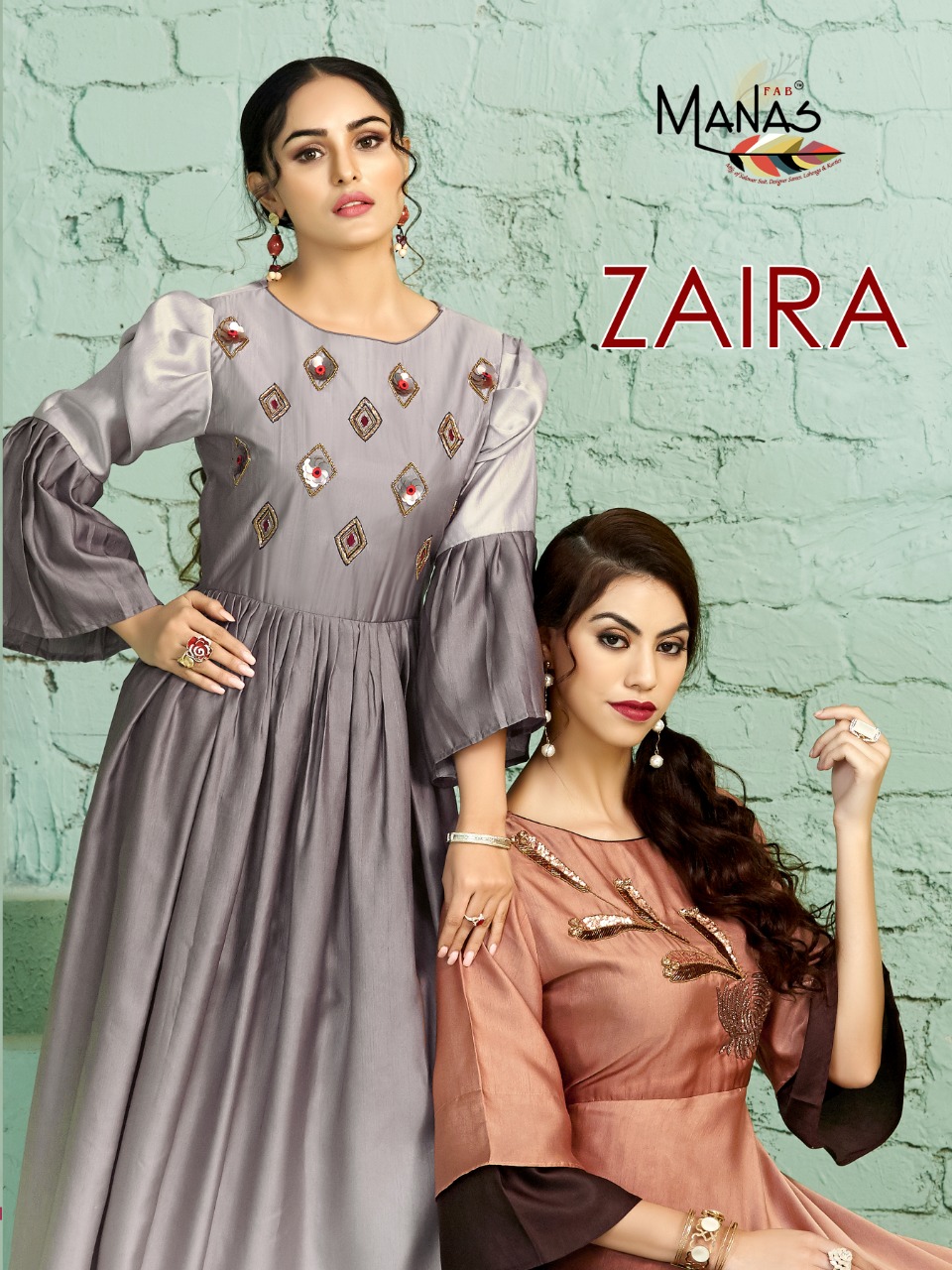 Manas Fab Zaira Silk With Handwork Readymade Gown Style Kurt...
