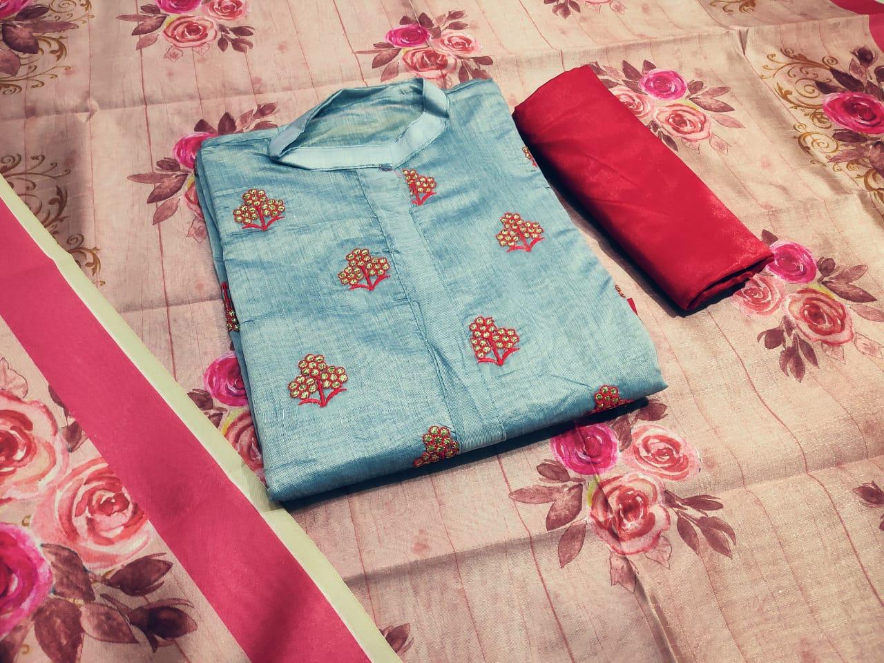 Non Catalog Heavy Chanderi With Embroidery Work Dress Materi...