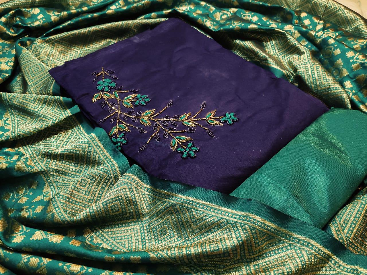 Non Catalog Modal Chanderi Silk With Handwork Dress Material...
