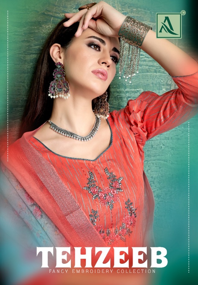 Alok Suits Tehzeeb Printed Pure Jam Satin With Thread Embroi...