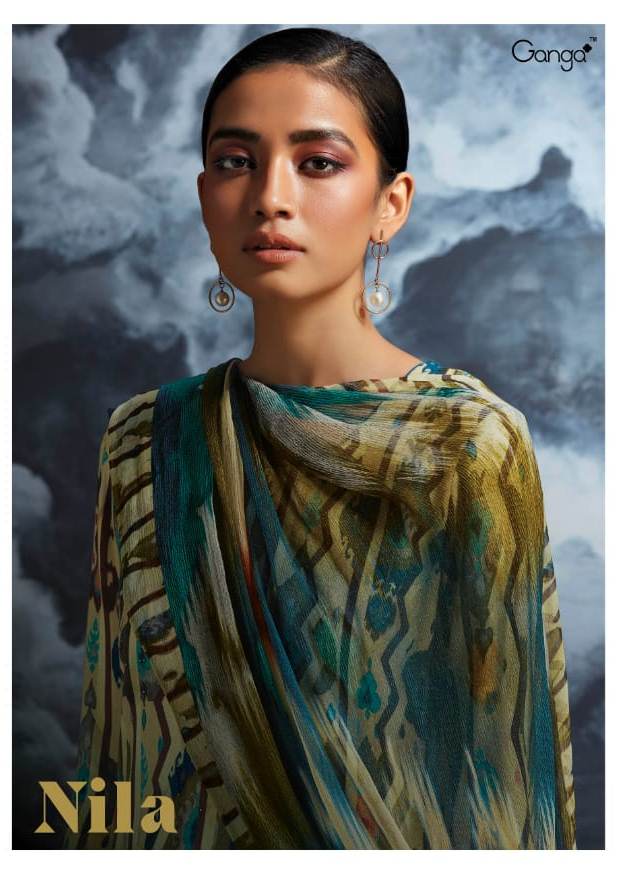 Ganga Nila Printed Pure Wool Dobby Pashmina With Hand Embroi...