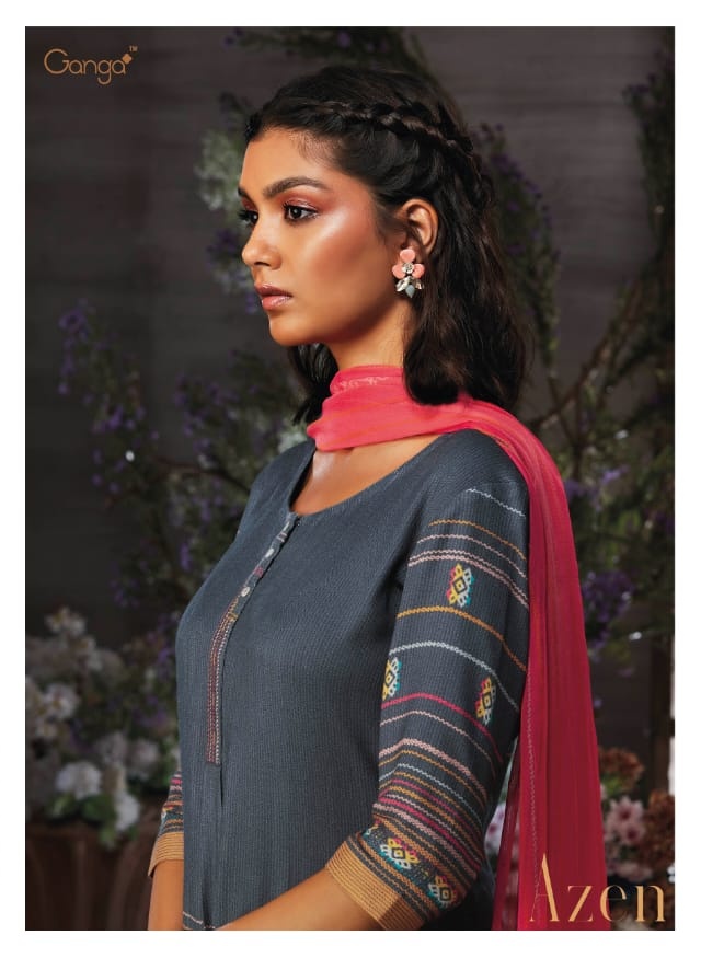 Ganga Azen Printed Embroidered Pure Wool Pashmina Dress Mate...