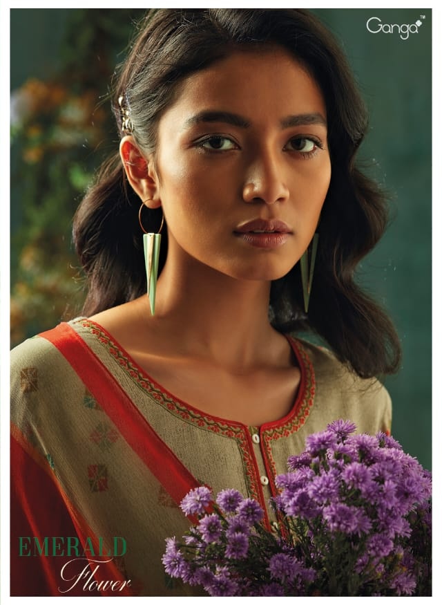 Ganga Emerald Flower Printed Embroidered Wool Dobby Dress Ma...