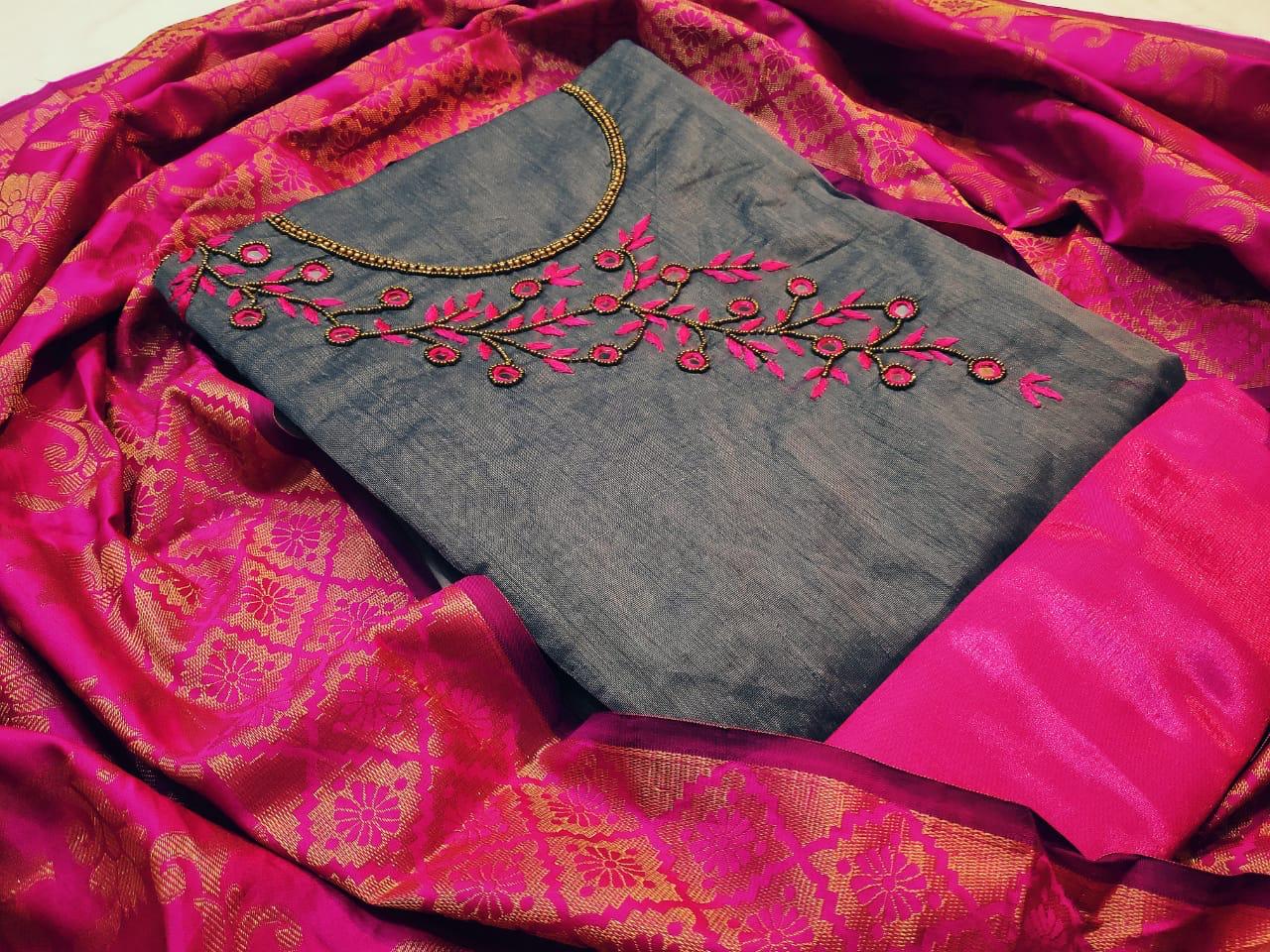 Non Catalog Chanderi Silk With Khatli Work Dress Material Co...
