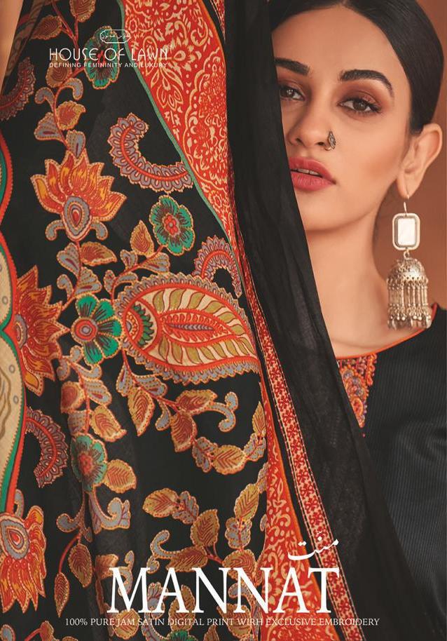 House Of Lawn Mannat Digital Printed Pure Jam Satin With Emb...