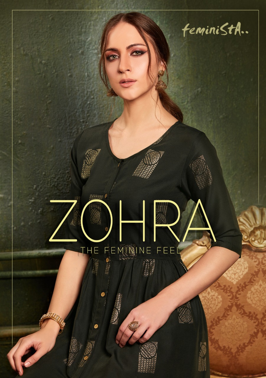 Feminista Zohra Designer Foil Printed Rayon Readymade Kurtis...