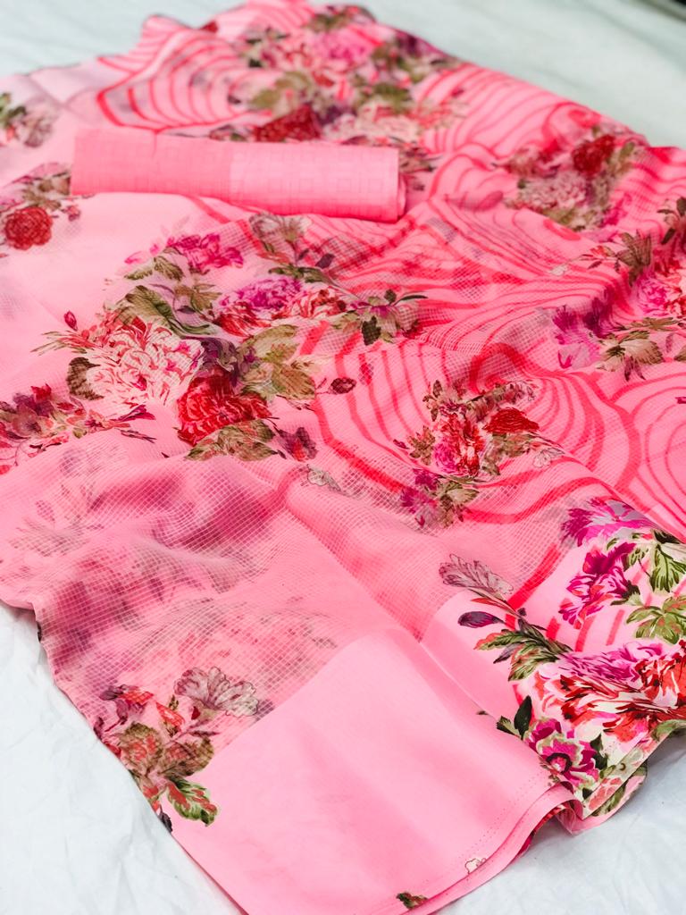 Tara Designer Floral Printed Linen Kota Silk Sarees Collecti...