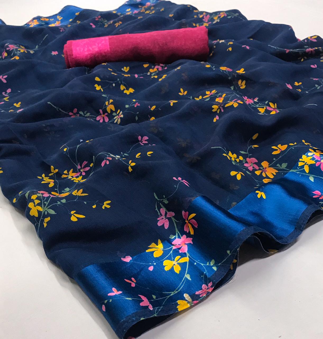 Silk Route Designer Floral Printed Soft Linen Silk With Sati...