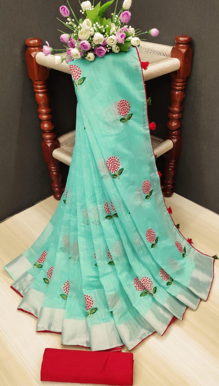 Non Catalog Designer Linen With Embroidery Work Sarees At Wh...