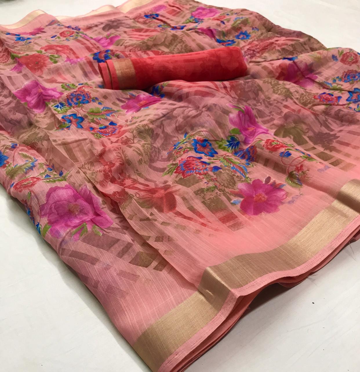 Mysore Cotton Designer Floral Printed Soft Linen Silk With G...