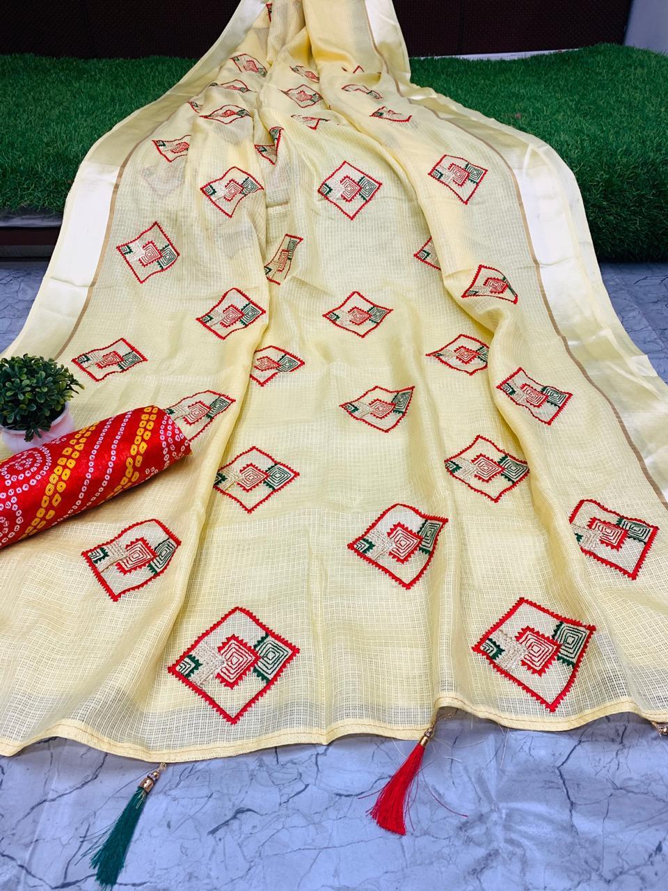 Non Catalog Cotton With Thread Embroidery Work And Satin Bor...