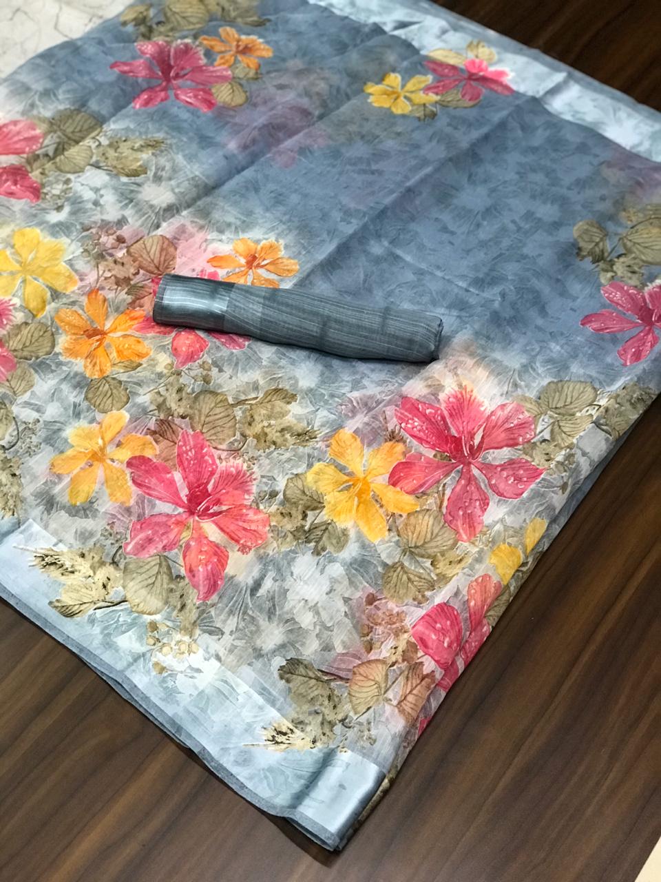 Latest Non Catalog Floral Printed Soft Linen Cotton Silk Sar...
