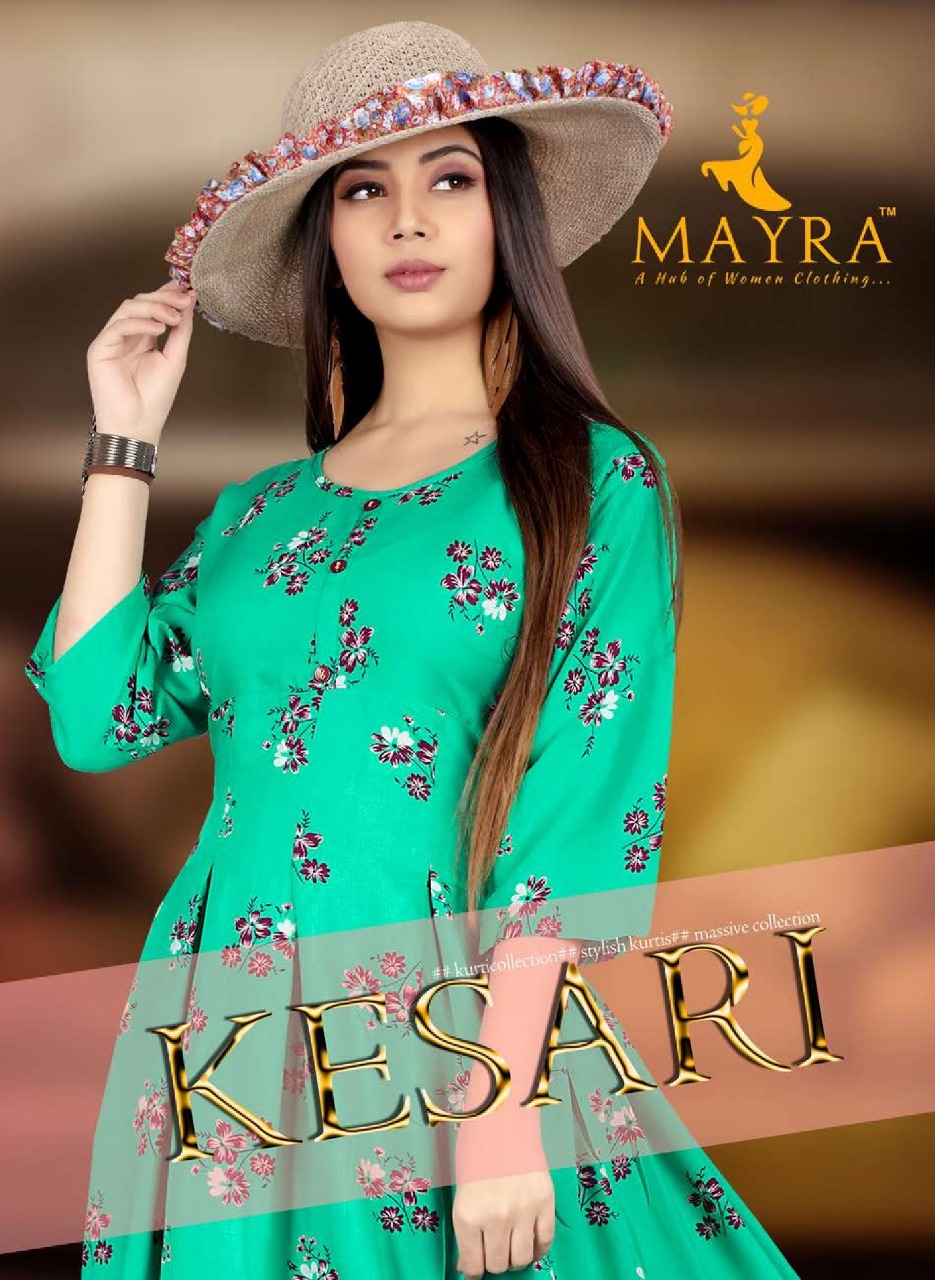 Mayra Kesari Rayon Printed Stitching Pattern Readymade Kurti...