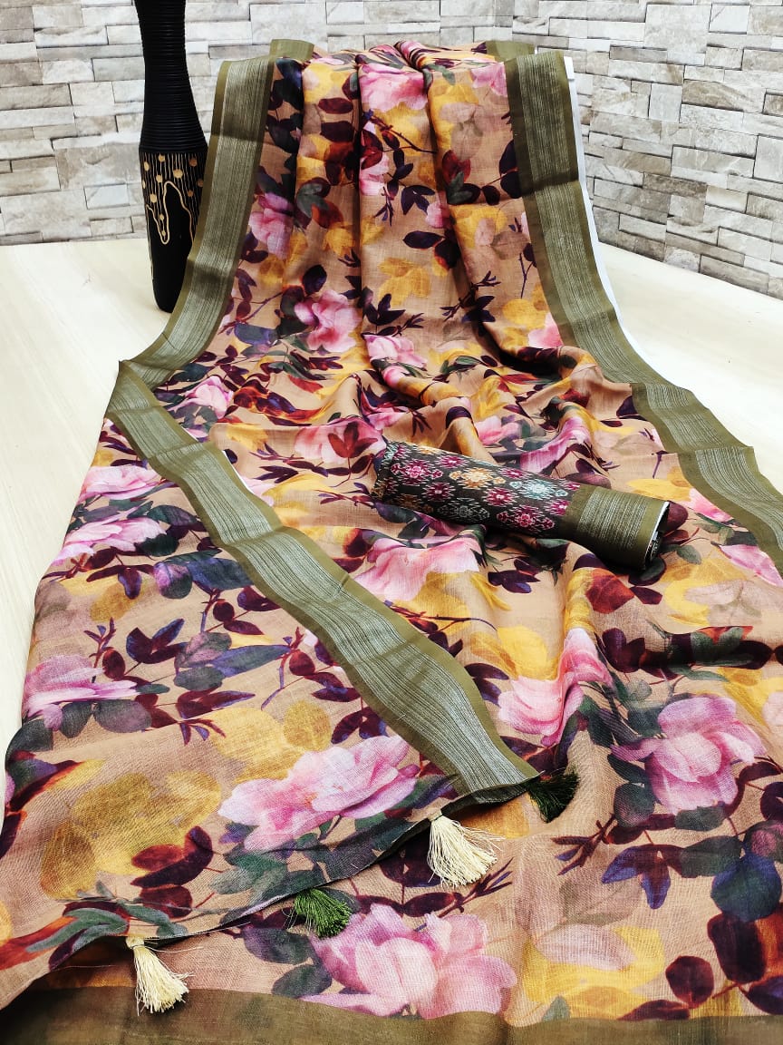 Latest Designer Digital Printed Linen Silk Sarees Collection...