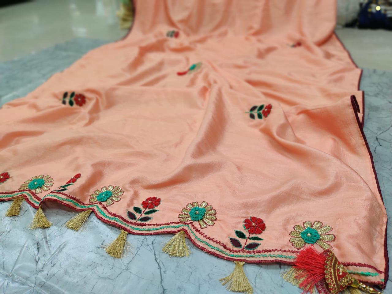 Non Catalog Designer Dola Silk With Embroidery Work Sarees C...