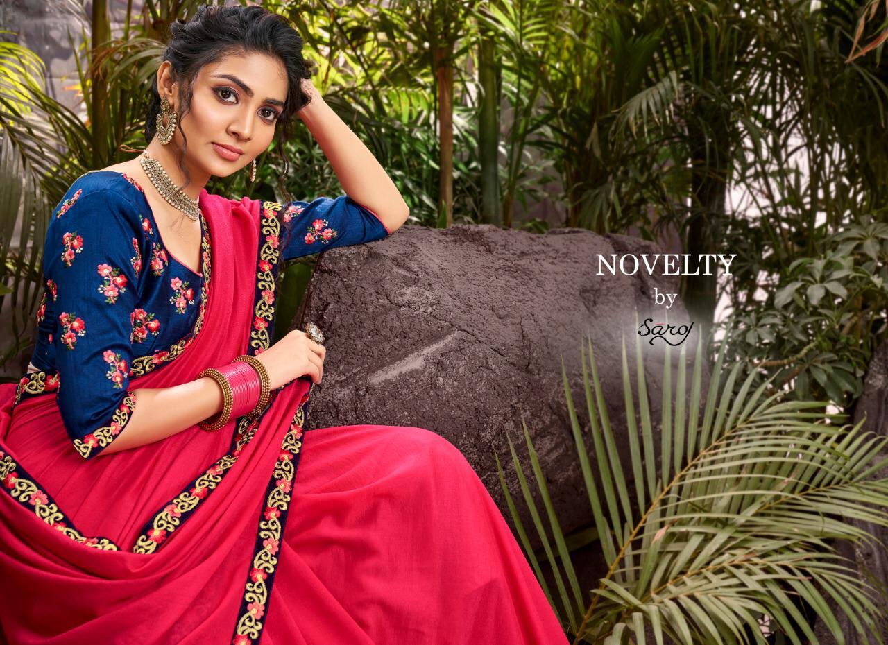 Saroj Sarees Novelty Vichitra Silk Velvet Patti Embroidery W...