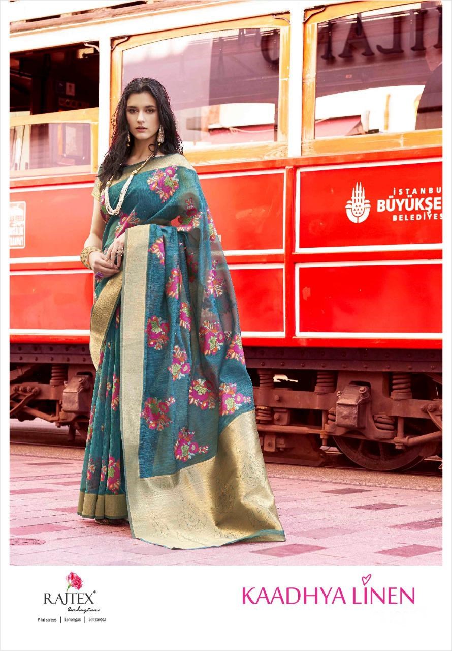 Rajtex Sarees Kaadhya Linen Designer Printed Pure Linen Sare...