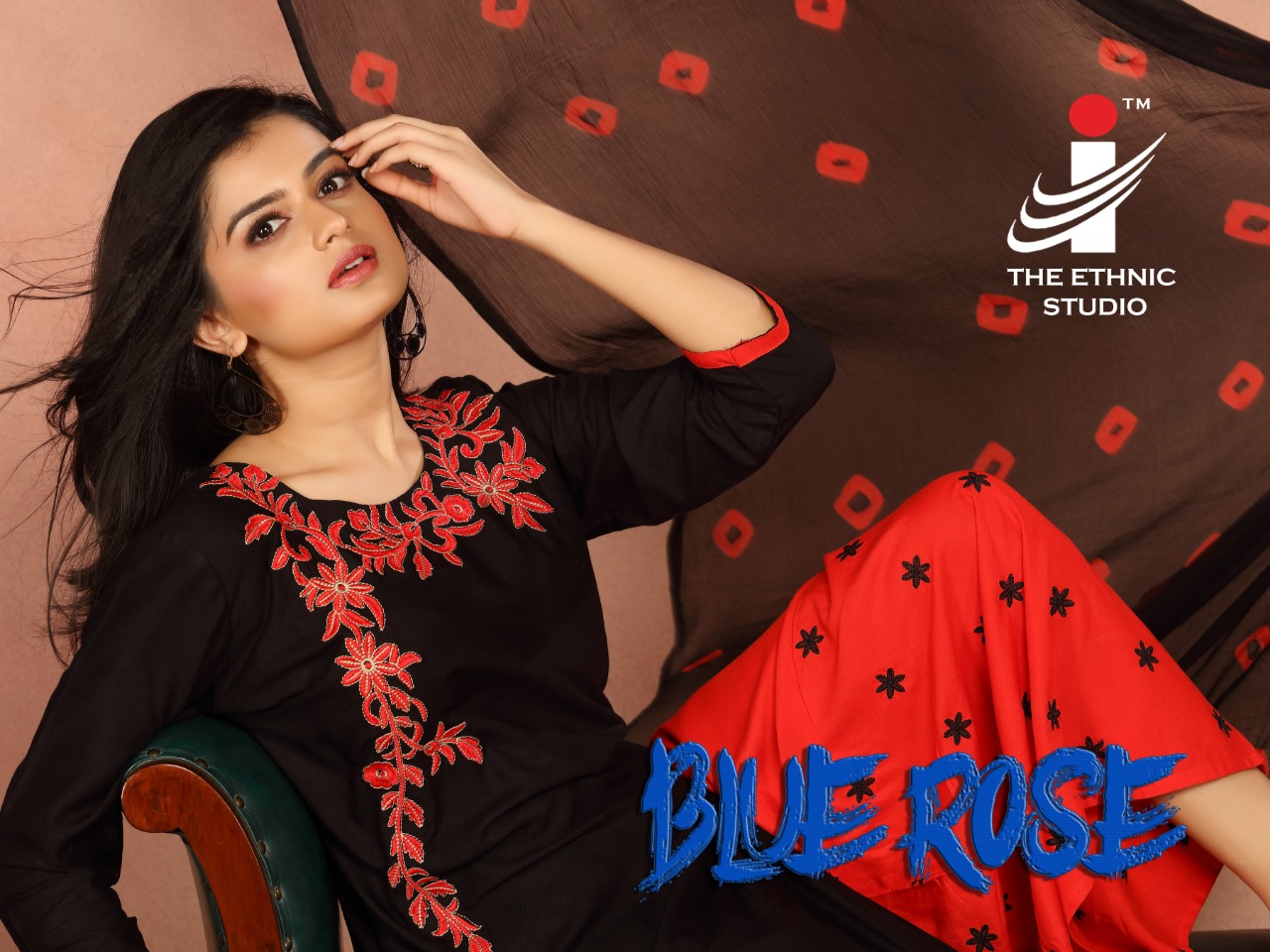 The Ethnic Studio Blue Rose Heavy Rayon With Embroidery Work...