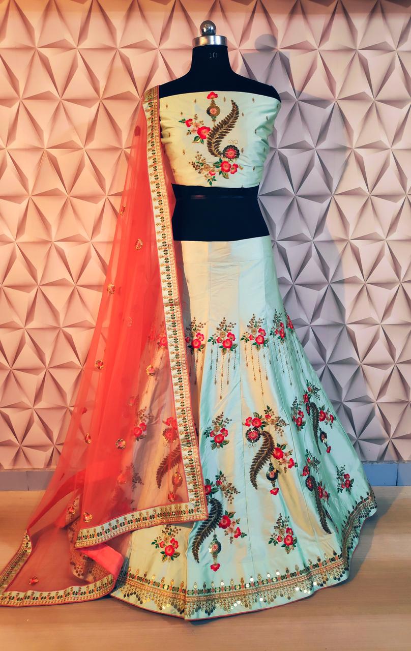 Latest Designer Malai Satin Silk With Embroidery Work Leheng...