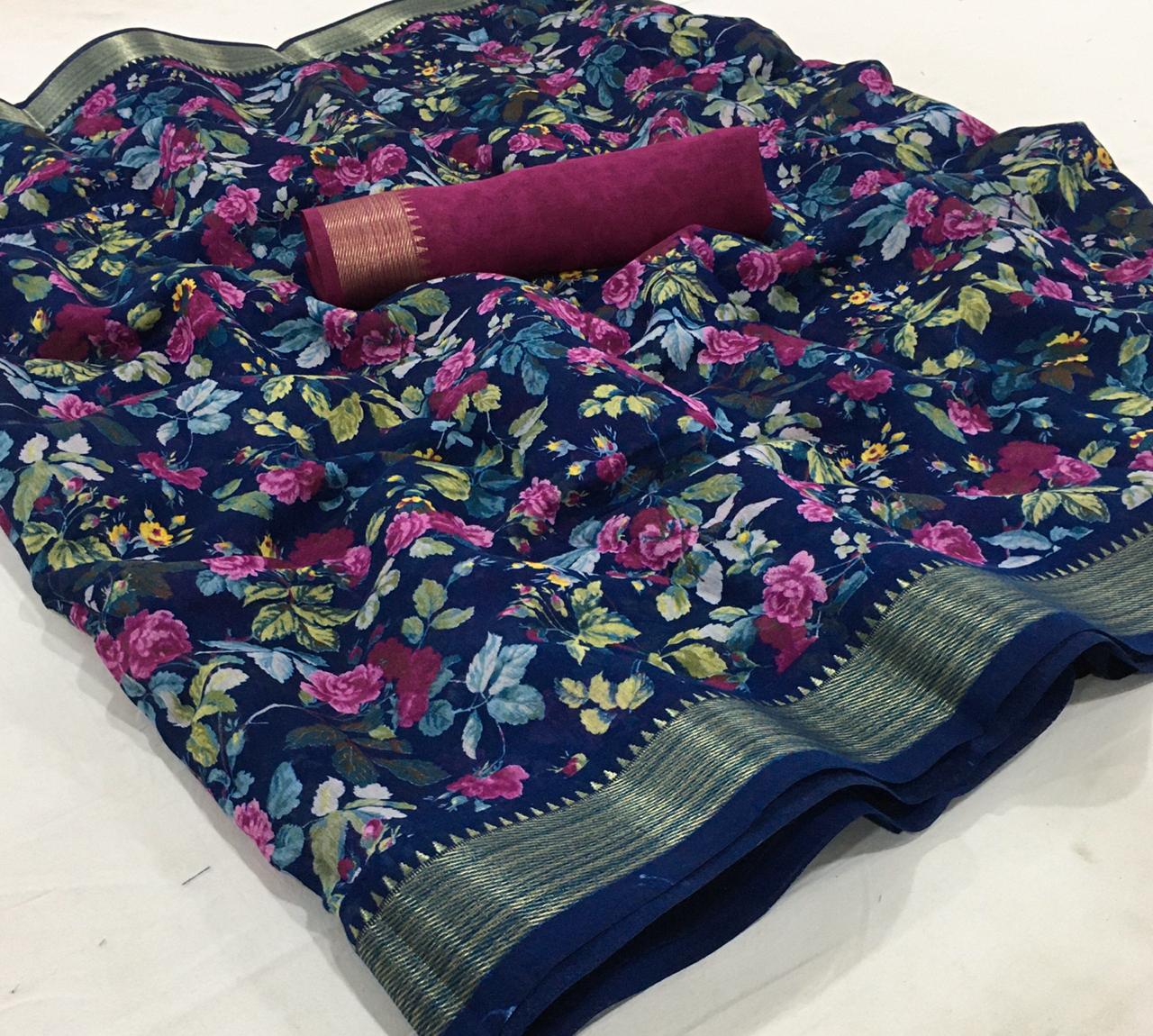 Lt Fabrics Nandini Floral Printed Soft Cotton Linen With Zar...