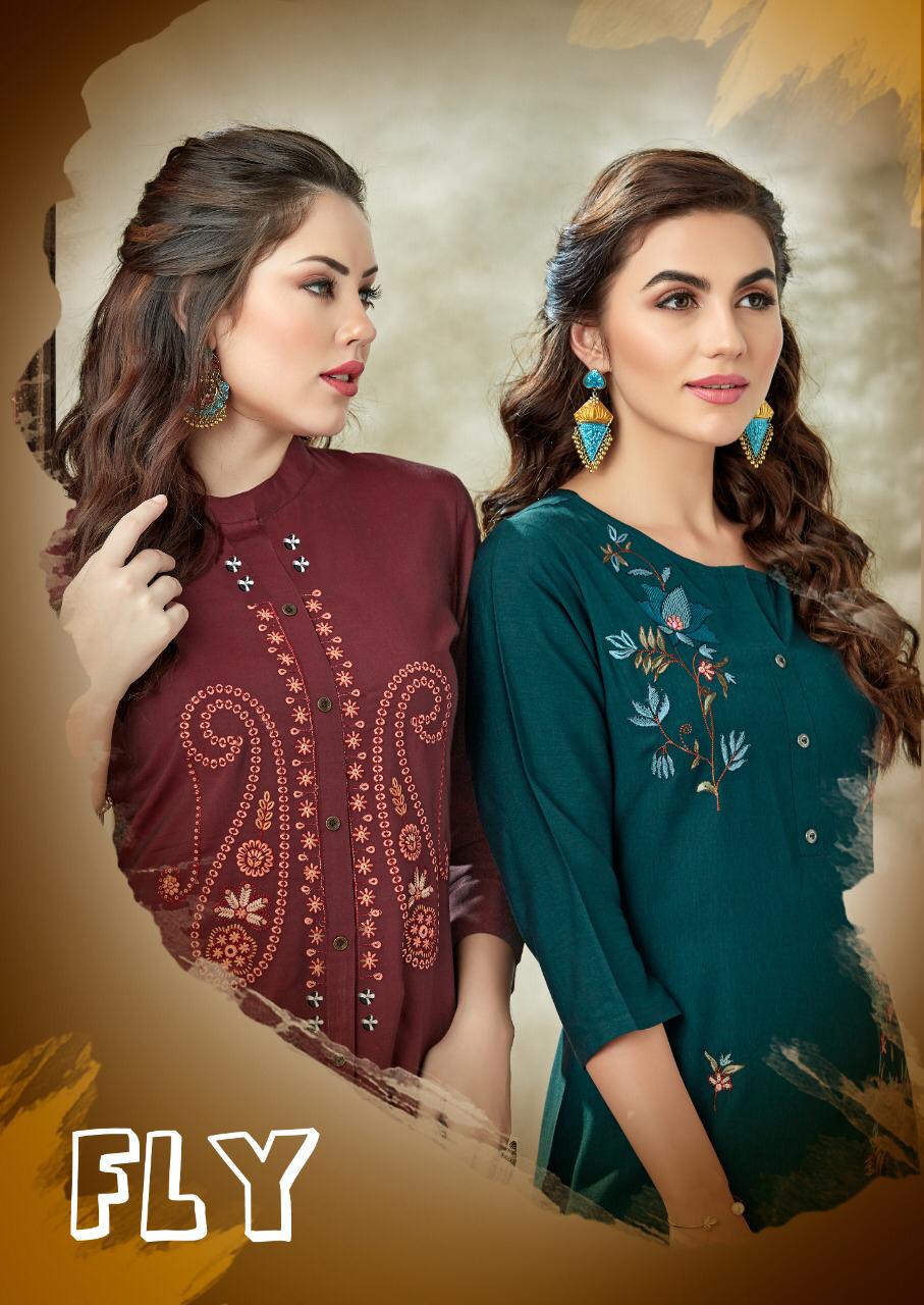 Sweety Fashion Fly Rayon Embroidery Work Readymade Kurtis At...
