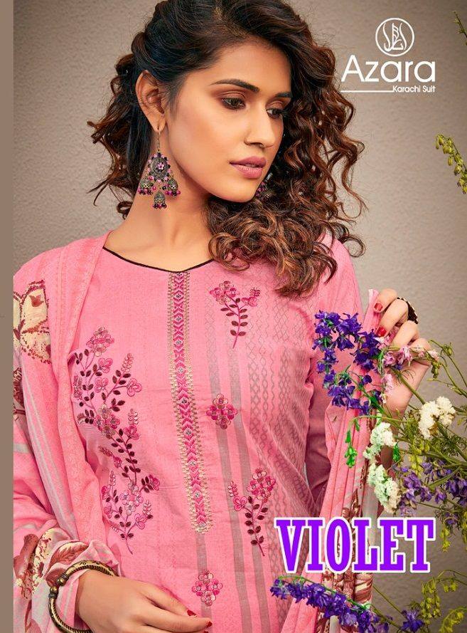 Azara Suits Violet Cotton Printed With Embroidery Work Dress...