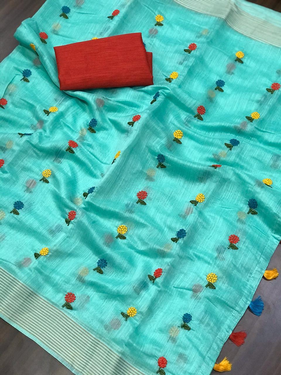 Non Catalog Linen Cotton With Embroidery Work Sarees At Whol...