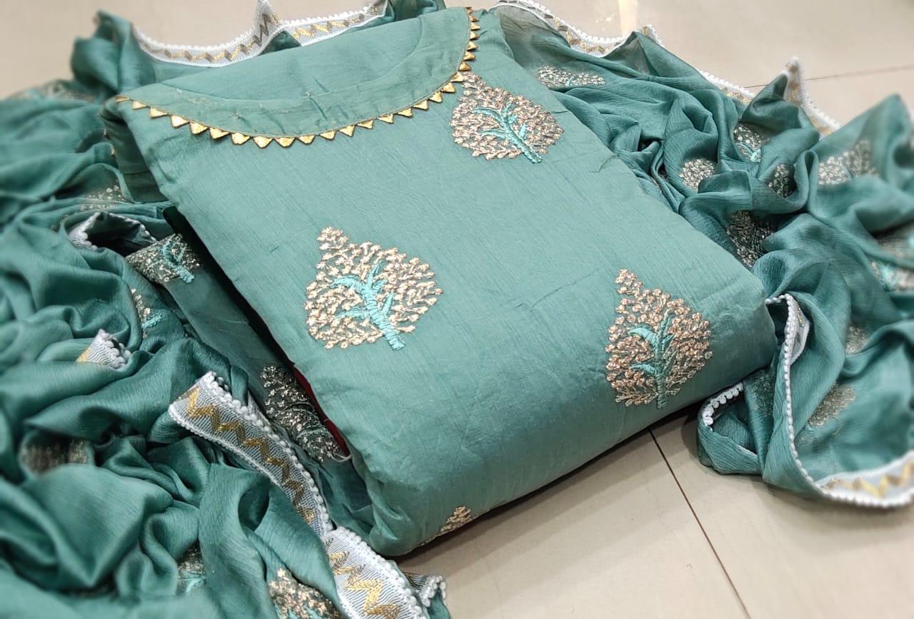 Non Catalog Heavy Chanderi With Embroidery Work Dress Materi...