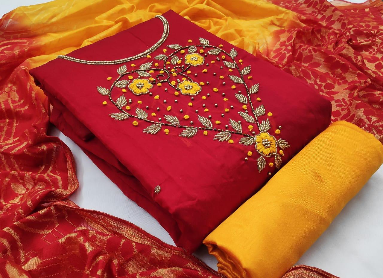 Non Catalog Heavy Chanderi Modal Khatli Embroidery Work Dres...